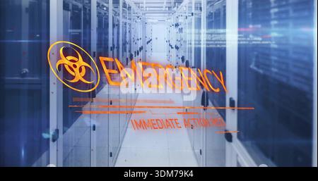 Displaying data center aisle with server cabinets, showing emergency HUD with biohazard symbol Stock Photo