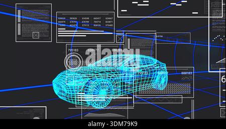 Displaying cyan wireframe sedan model rotating in virtual workspace, showing numeric fields and HUD Stock Photo