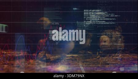 Displaying financial charts and code overlays in dim workspace with red and blue line graphs +6 Stock Photo
