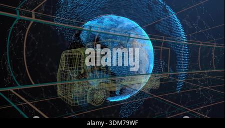 Showing wireframe truck overlaying glowing Earth globe inside 3D grid tunnel, with network nodes Stock Photo