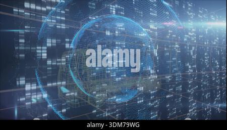 Rotating holographic blue globe projecting data within virtual data wall, featuring orbital rings Stock Photo