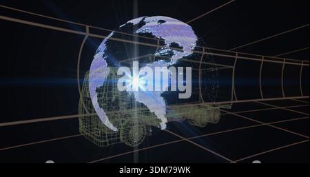 Rotating holographic globe hovering over wireframe truck in virtual schematic bay, with lens flare Stock Photo