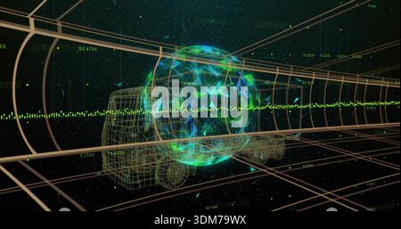 Hovering holographic globe projecting green waveform inside data tunnel, showing wireframe vehicle Stock Photo