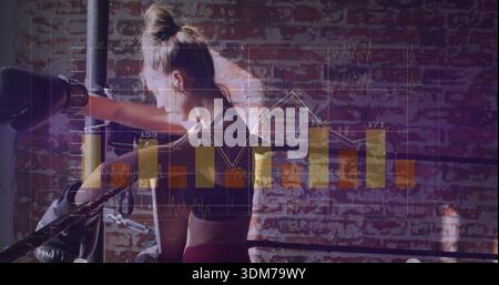 Leaning female boxer pausing on ropes at gym, wearing sports bra, hand wraps and data overlay Stock Photo