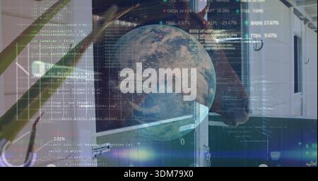 Displaying translucent Earth globe hovering over stable interior, with code overlays, horse head Stock Photo