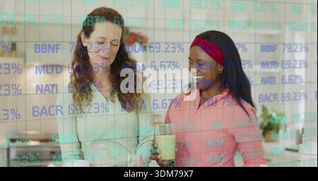 Preparing two women in pink and green clothing handling jar, glass at home kitchen, ticker overlay Stock Photo
