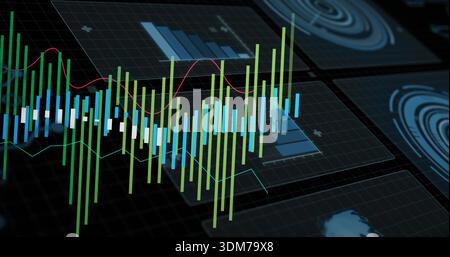 Floating centered multiseries bars hovering at dark UI, showing candle blocks and red cyan lines Stock Photo