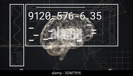 Floating lit 3D brain pulsing with glowing nodes in virtual dashboard, with UI 9120-576-6 Stock Photo