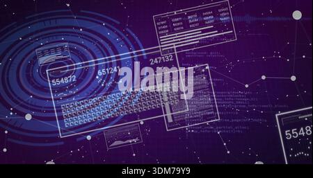 Displaying central holo UI showing glass keyboard panels, numbers, radar rings in cyberspace Stock Photo