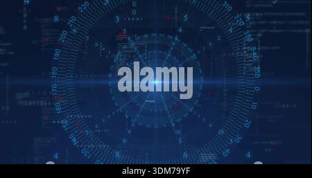 Showing HUD glowing on navy field, displaying central blue core, rings, radial ticks, code panels Stock Photo