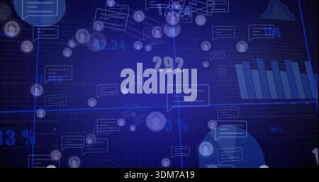 Displaying central data cluster pulsing on virtual dashboard, with chat icons, avatars, 292 Stock Photo