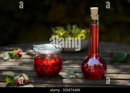 Raspberry (Rubus idaeus). Homemade raspberry vinegar in bottle and in a preserving jar on a wooden table. Germany Stock Photo