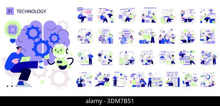 Vector illustration of a person interacting with AI, symbolizing technology collaboration. The scene features gears, a lightbulb, and a robot, showcasing innovation and teamwork. Stock Vector