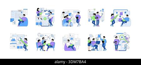 Vector illustration depicting a team collaborating on software development tasks. Team members are engaged in coding, discussing ideas, and analyzing data, emphasizing teamwork and innovation. Stock Vector