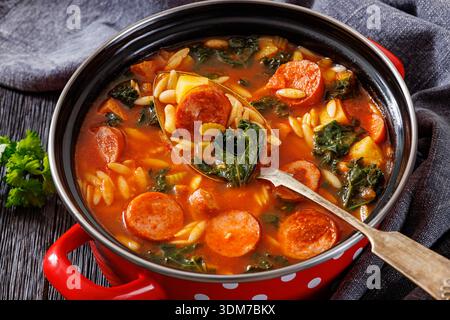Swamp soup in a red pot with spoon. This hearty dish features smoked sausage, fresh kale, white bean and orzo in a rich tomato broth, horizontal view, Stock Photo