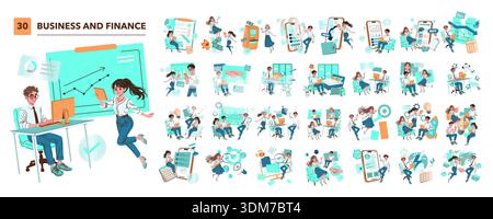 Vector illustration depicting a lively business and finance scene. Includes individuals at a desk engaging with charts, graphs, and digital elements, conveying financial activities. Stock Vector
