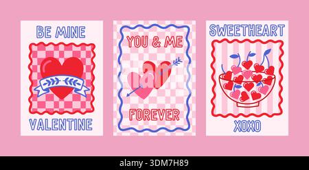 Set of groovy valentines day posters, greeting cards set in retro Y2K style. Cute love vector Illustrations template for february 14th Stock Vector