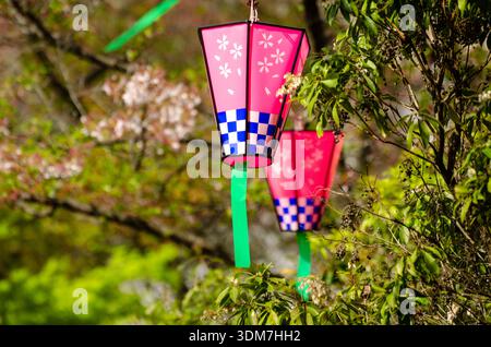 Pink floral lanterns hanging among greenery and blooming trees Stock Photo