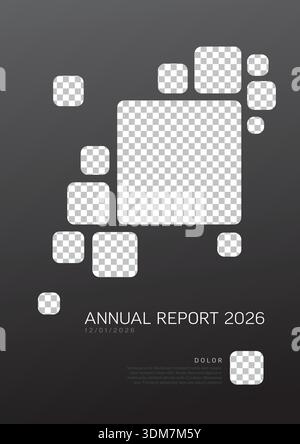Professional annual report template featuring a dark gradient background and square image frames. This annual report layout uses minimalist square ima Stock Vector