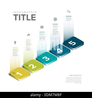 Professional 5 step infographic design using colorful buttons. Each step infographic includes numbered elements to visualize the process and business Stock Vector