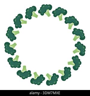 Round frame with broccoli. Hand-drawn colorful harvest and lettuce leaves. Healthy organic food. Fresh, healthy vegetables. Stock Vector