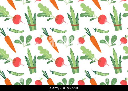 Seamless pattern with carrots and radishes. Hand-drawn colorful lettuce and vegetable leaves. Healthy organic produce. Fresh, healthy vegetables. Stock Vector
