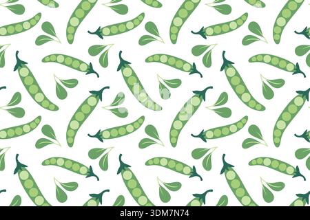 Seamless pattern with pea pods. Hand-drawn colorful lettuce and vegetable leaves. Healthy organic produce. Fresh, healthy vegetables. Stock Vector