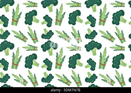 Seamless pattern with broccoli and asparagus. Hand-drawn colorful lettuce and vegetable leaves. Healthy organic produce. Fresh, healthy vegetables. Stock Vector