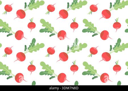 Seamless pattern with radishes. Hand-drawn colorful lettuce and vegetable leaves. Healthy organic produce. Fresh, healthy vegetables. Stock Vector