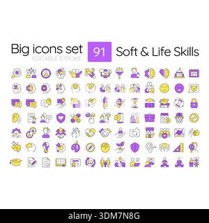 Soft and life skills two color line icons set Stock Vector