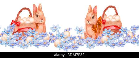 Seamless watercolor horizontal pattern of blue hepatica flowers, adorned with white Easter eggs, a playful rabbit, and a lovely basket of light eggs. Stock Photo