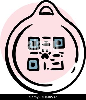 Smart pet ID tag icon with QR code for dog and cat identification, digital lost and found tracking pendant, vector hand drawn doodle. Stock Vector