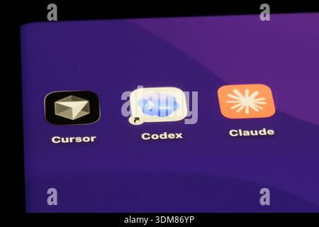 Shanghai,China-Feb.4th 2026: OpenAI Codex, Cursor and Claude. Assorted AI coding app icons Stock Photo