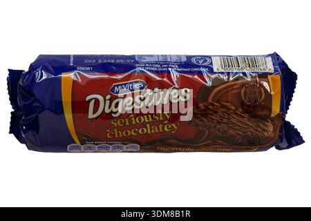 packet of McVitie's Digestives Seriously Chocolatey biscuits isolated on white background - the triple choc one - UK  - Mcvities Mcvitie Stock Photo