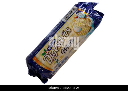 packet of McVitie's Digestives White Chocolate biscuits with festive packaging isolated on white background - smooth & creamy - UK - Mcvities Mcvitie Stock Photo