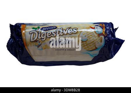 packet of McVitie's Digestives White Chocolate biscuits with festive packaging isolated on white background - smooth & creamy - UK - Mcvities Mcvitie Stock Photo