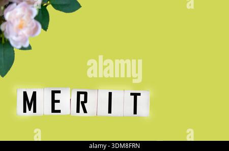The word Merit is written on wooden blocks and a yellow background Stock Photo