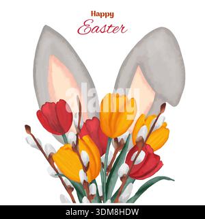 Hand-drawn watercolor illustration featuring cute Easter bunny ears combined with colorful Easter eggs and festive decorative elements Stock Photo