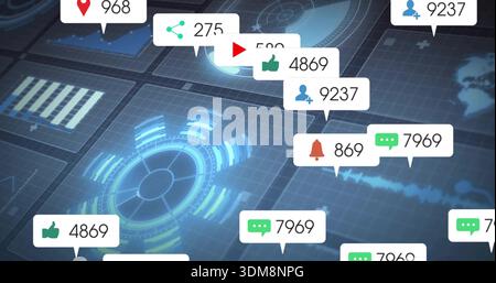 Displaying holographic circular dashboard glowing at dark blue grid plane, with notification badges Stock Photo