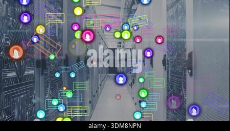 Showing server aisle glowing with avatar icons and chat bubbles in data center racks Stock Photo