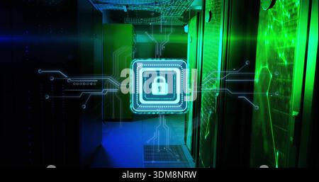 Glowing padlock icon hovering over data center corridor, projecting circuit overlay toward racks Stock Photo