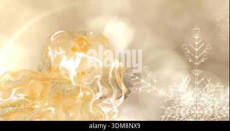 Featuring shiny golden liquid form reflecting light with glitter, bokeh in studio, snowflake motifs Stock Photo