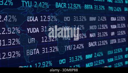 Displaying market screen on trading wall, scrolling tickers, symbols and percentages over world map Stock Photo
