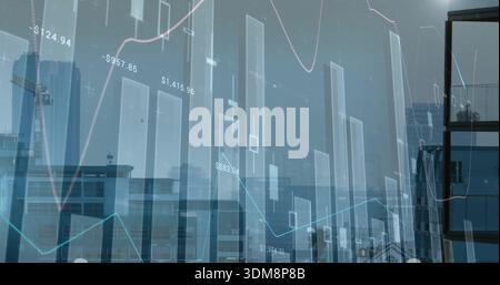 Displaying translucent data overlay over downtown skyline, with bars, candlesticks, cyan-pink lines Stock Photo