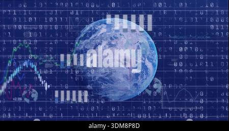 Rotating Earth globe showing binary, line charts, candlesticks, numeric labels on data dashboard Stock Photo