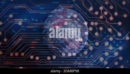 Rotating stylized planet Earth showing glowing circuit lines in virtual network field, with nodes Stock Photo