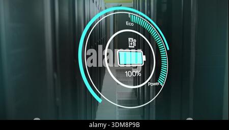 Displaying HUD overlay between server racks in data center corridor, showing cyan battery 100% Stock Photo