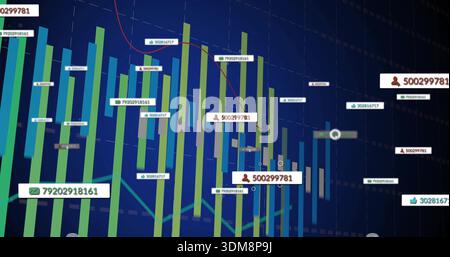 Displaying 3D bar chart with red and teal lines on dark-blue GUI, showing labels, icons, magnifier Stock Photo