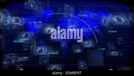 Displaying translucent map and HUD panels in control room with trajectory arcs and green readouts Stock Photo