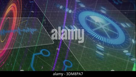 Displaying blue dial rotating on right HUD, with red-orange waveform left and triangular panel Stock Photo